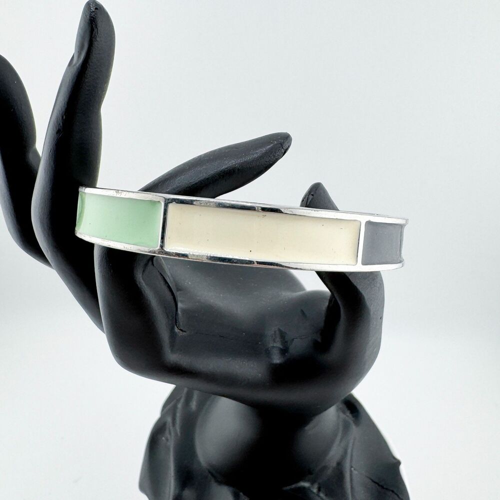 Vintage Enamel Block Bracelet – Mint Cream Black Hinged Silver-Tone Bangle Retro